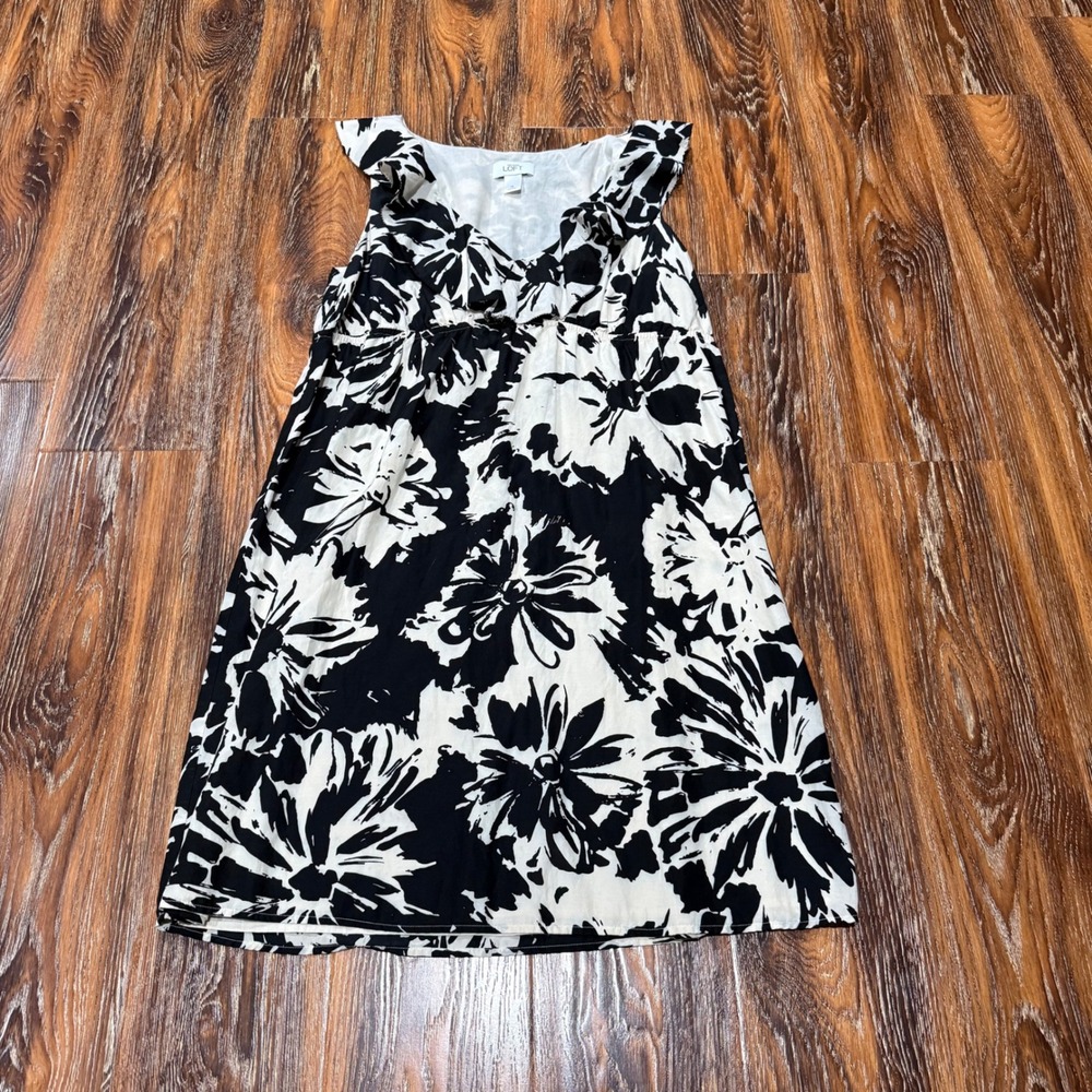 Ann Taylor LOFT 14 Floral Dress Womens Black White Silk Cotton Ruffle Empire